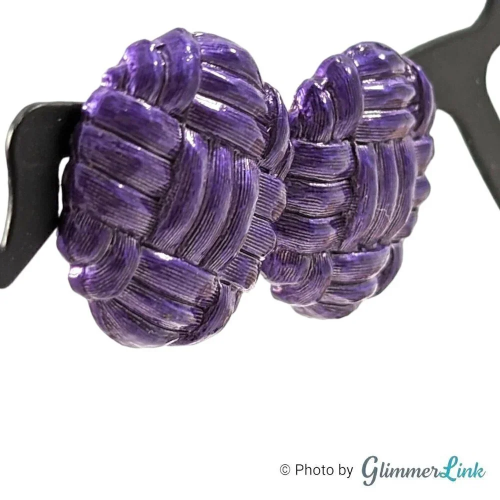 Vintage 80s Purple Enamel Round Woven Knot Metal Earrings